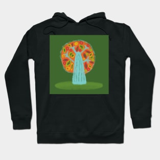 Colorful blue and orange tree on green backdrop in kid's drawing style Hoodie